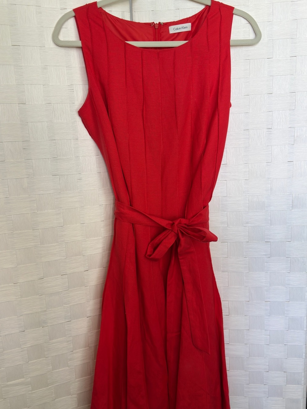 Calvin Klein Red Sleeveless Midi Dress with Self Tie Belt Linen